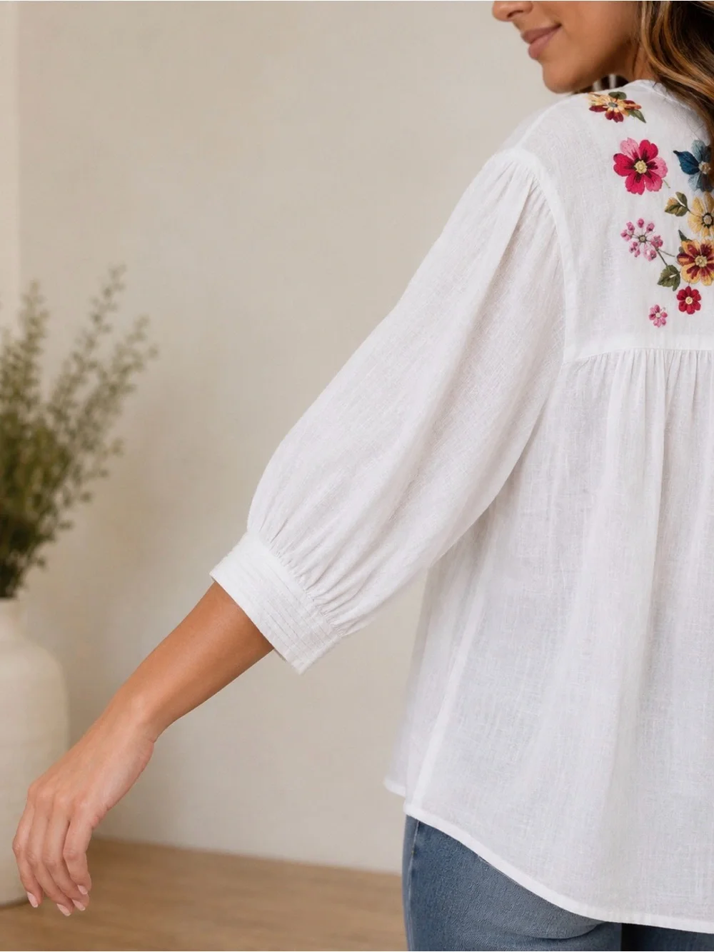 Johnny Was White Embroidered Floral & Butterfly Popover Blouse
